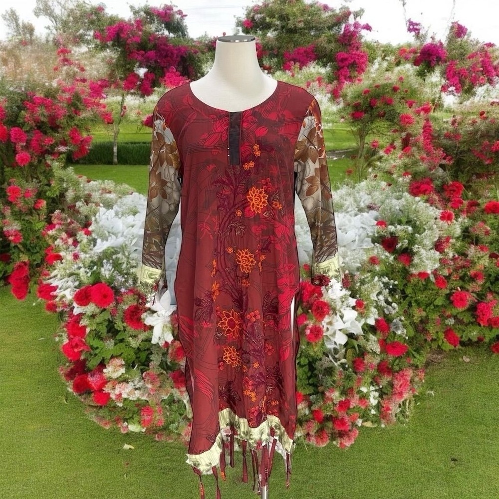 Dark Red Embroidered Floral Kaftan V-Neck Long Dress SZ L Boho Fairy Festival